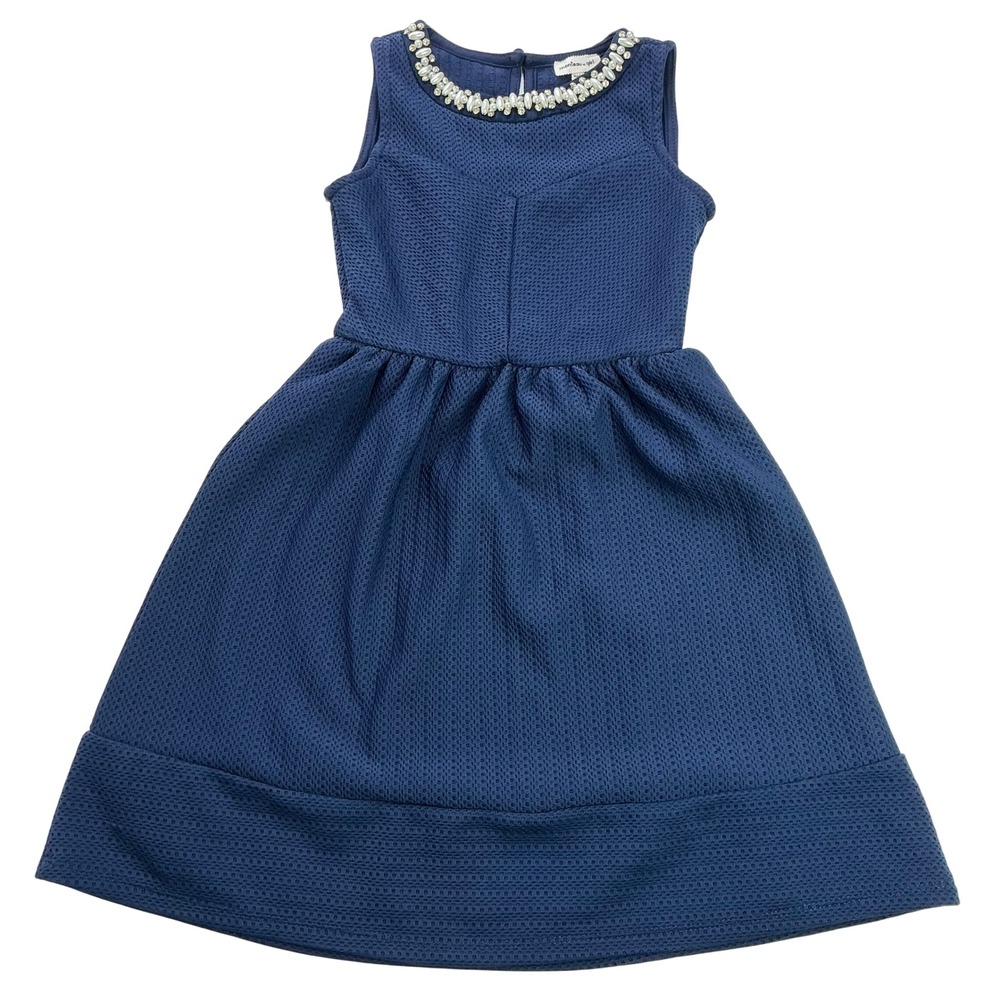 Monteau Girl Navy Blue Embellished Dress Kids Size 7 Textured Fit & Flare K5808